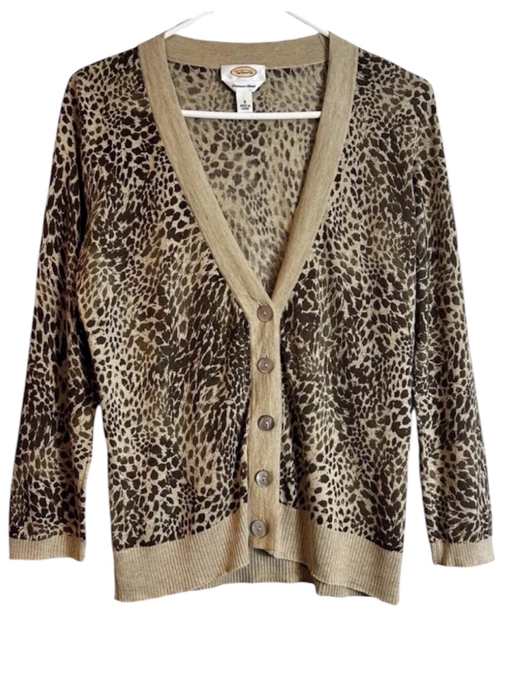 Talbots Thin Knit Silk Cashmere Leopard Print Cardigan Sweater